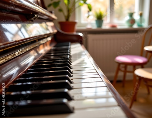 Sunlit Vintage Piano Keyboard Cozy Artistic Room