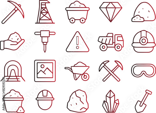 Set of mining and geology line icons representing tools, equipment, minerals, and safety gear for excavation and resource extraction industry