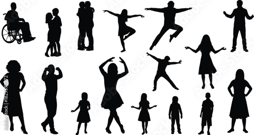 Diverse Human Silhouettes, People Collection Vector Set including children, couples, dancers, and 