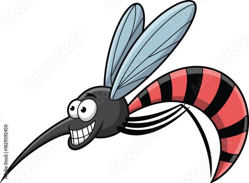 Funny cartoon mosquito character with big eyes, long proboscis, striped body, playful expression, humorous insect illustration for children and comics