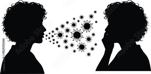 Airborne Virus Transmission Illustration, Person Coughing or Sneezing Spreading Coronavirus or COVID-19 Particles to Another Person, CAD Drawing and Flat Vector.