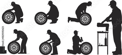 Mechanic silhouettes working with tires using tools and equipment for automotive repair, wheel service, maintenance, workshop actions, garage profession illustration set
