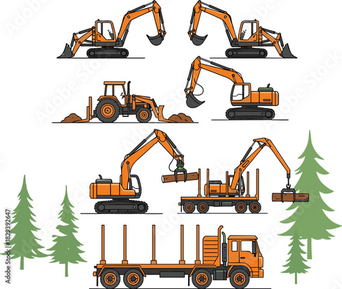 Illustration set of excavators, tractors and logging equipment operating in construction and forestry environments with machinery actions, transportation scenes, and work processes