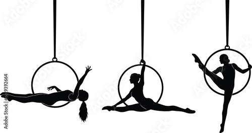 Aerial hoop silhouette poses, acrobatic performance art, circus fitness icons, black white vector set, cad drawing flat vector illustration