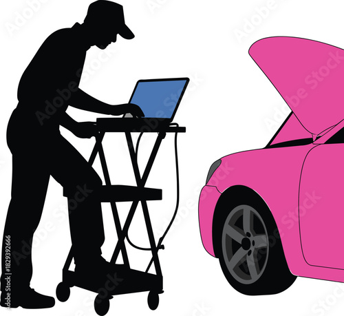 Silhouette mechanic performing computer diagnostic on car with open hood using laptop scanner, auto repair technology, vehicle inspection and maintenance illustration