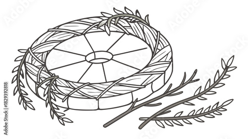 Hand-drawn Woven Wreath and Branches Vector,  A hand-drawn line art illustration of a woven circular wreath and separate leafy branches, rendered in grey and brown tones.