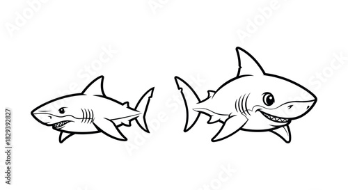 Playful cartoon illustration of two friendly sharks, one big and one small, swimming together. Ideal for marine life education, kids' ocean themes, or aquatic design projects