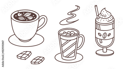 Hand-drawn Coffee and Hot Chocolate Set Vector, A set of hand-drawn line art illustrations featuring a cup of hot chocolate with marshmallows, a mug of hot cocoa, a tall glass of latte with whipped