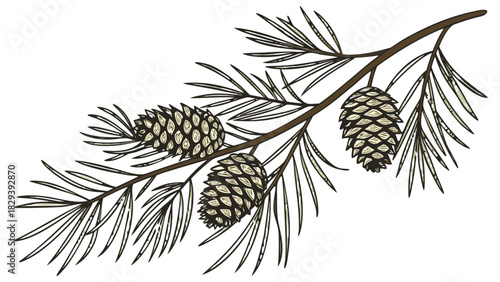 Hand-drawn Oak Branch with Acorns and Pinecone Vector, A hand-drawn line art illustration of an oak branch, featuring several acorns, oak leaves, and a pinecone