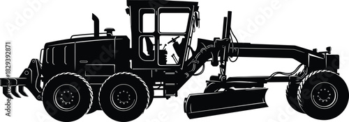 Silhouette of heavy motor grader machine used for road construction, land grading, engineering work, earthmoving operations, industrial equipment and infrastructure development