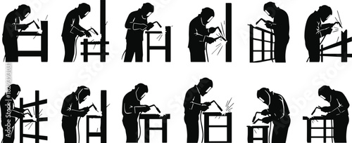 Silhouette worker hammering nails, construction activity sequence, man building furniture, manual labor process, craftsmanship action steps, carpentry workflow illustration, industry concept