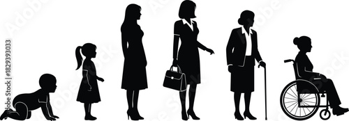 Female Lifecycle Silhouette Set, Woman Aging Stages from Baby, Child, Adult, Businesswoman, Senior to Wheelchair Use, CAD Drawing and Flat Vector Graphics.