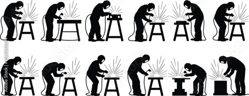 Silhouette set of welding workers using protective gear, performing metalwork, fabrication, sparks production, industrial welding processes and workshop craftsmanship scenes