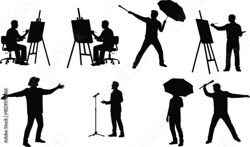 Artistic silhouette icons, painting, performing, umbrella gesture, microphone, expressive poses, black vector, creative activity illustration