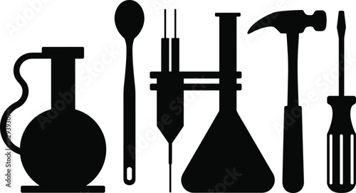 Silhouettes of laboratory equipment and hand tools including flasks, droppers, hammer, screwdriver, spoon and scientific instruments for science and workshop use