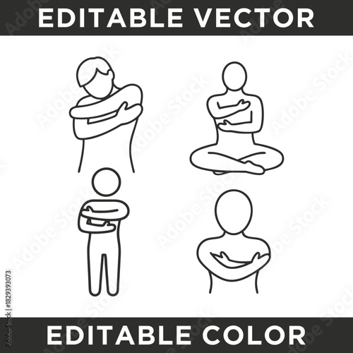 Line art icons of people with crossed arms in various poses, depicting body language and self-comfort.