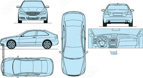 Black and White Car Illustration Featuring Front, Rear, Side, Top, and Interior Dashboard Views for Automotive and Design Use