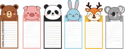 Cartoon animal notepad collection, cute stationery design, kids writing pad icons, black white vector set, cad drawing flat vector illustration