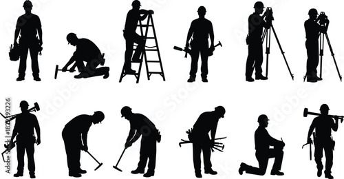 Construction worker silhouette collection, labor activity poses, tool handling icons, black white vector set, cad drawing flat vector illustration