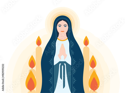 Vector Illustration of the Virgin Mary Surrounded by Candles, Depicting Faith, Prayer, and Catholic Traditions in a Modern, Minimalist Style