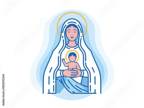 Virgin Mary and Child Jesus Illustration: A serene depiction of maternal love and religious symbolism, perfect for greeting cards, religious publications, and design elements.