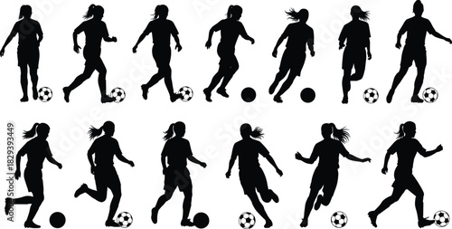 Female soccer silhouette collection, dynamic ball control poses, athletic movement icons, black white vector set, cad drawing flat vector illustration