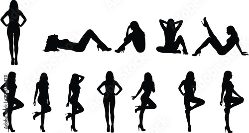 Female silhouette pose collection, high heel fashion stance, dynamic body gestures, black white vector set, cad drawing flat vector illustration