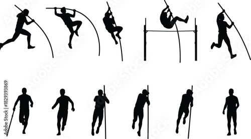 Pole vault silhouette sequence, athletic jump poses, sports motion icons, black white vector set, cad drawing flat vector illustration
