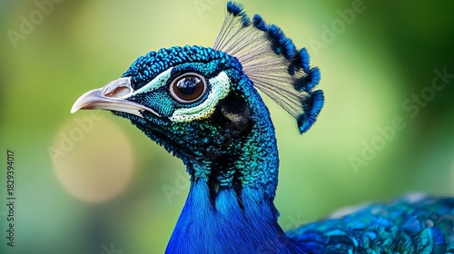 Close-up portrait of vibrant blue peacock displaying iridescent feathers in british columbia, canada