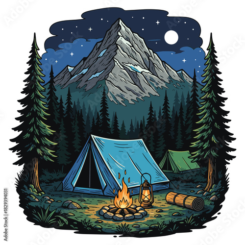 Mountain Night Campfire Tent Lantern Pine Forest