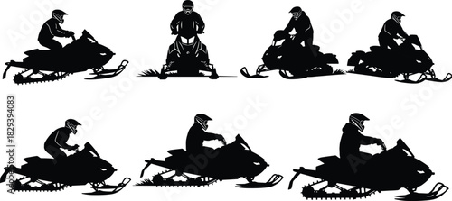 Snowmobile rider silhouette collection, winter sport action poses, outdoor vehicle icons, black white vector set, cad drawing flat vector illustration