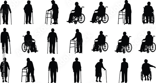 Black Silhouette Set of 18 Elderly Figures Using Canes, Walkers, and Wheelchairs for Accessibility, Healthcare, and Geriatric Themes