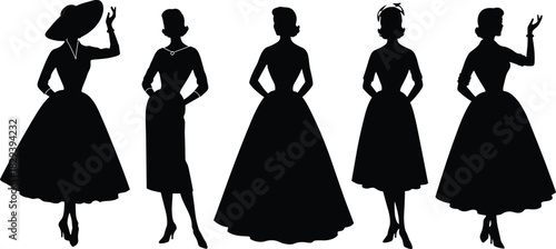 Vintage fashion silhouette collection, 1950s women’s style poses, retro dress icons, black white vector set, cad drawing flat vector illustration