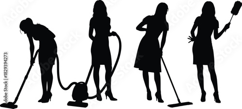 Silhouette collection of a professional house cleaner woman doing housework chores, vacuuming, dusting, and mopping the floor, isolated monochrome vector illustration of domestic service.