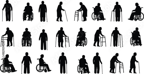 Black Silhouette Set of 20 Elderly Figures Using Canes, Walkers, and Wheelchairs for Accessibility, Healthcare, and Geriatric Themes