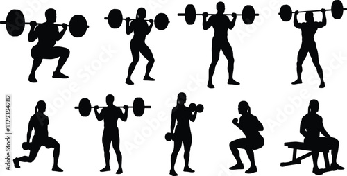 Weightlifting silhouette collection, gym workout poses, strength training icons, black white vector set, cad drawing flat vector illustration
