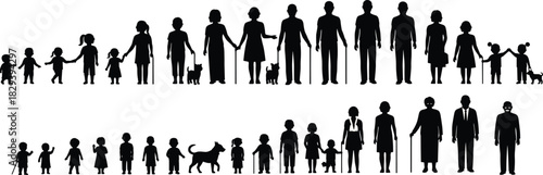 Black Silhouette Set of Human Life Stages and Family Structures from Infancy to Old Age for Educational and Sociological Use