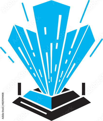 Bright blue crystal structure glowing with energy on a dark pedestal