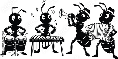 Cartoon ant band, musical insects, conga, xylophone, trumpet, accordion, black vector, whimsical illustration, animal music icons