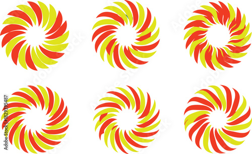 Colorful Spiral Pattern Illustration Featuring Red, Yellow, and Orange Pinwheel Designs in Grid Layout for Visual and Design Concepts