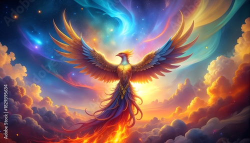 Vibrant colorful painting of a phoenix rising from flames symbolizing rebirth and immortality amidst a cosmic background of swirling colors and stars.