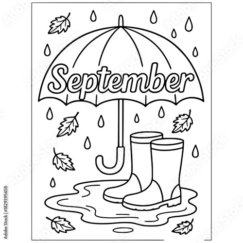 Minimalist september coloring page for kids with umbrella rain boots and leaves autumn season activity sheet for children 100 vector