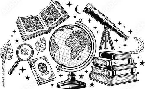 Education discovery illustration, globe, books, telescope, moon stars, magnifying glass, black vector, learning symbols, science icons