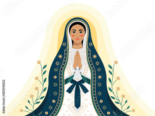 Illustrated Our Lady of Guadalupe Vector Art: A Religious Depiction of the Virgin Mary with Floral Details and Starry Mantle