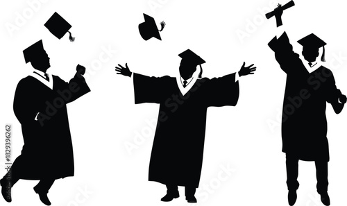 Graduation celebration silhouettes, cap toss, diploma pose, academic achievement, black vector, student icons, festive education illustration