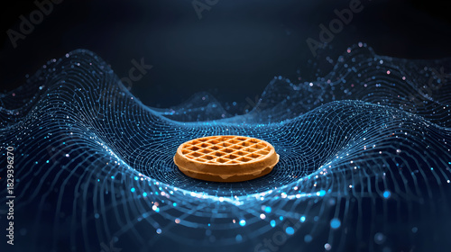 Waffle in the Data Stream: Digital Food Concept on a Glowing Blue Particle Wave.