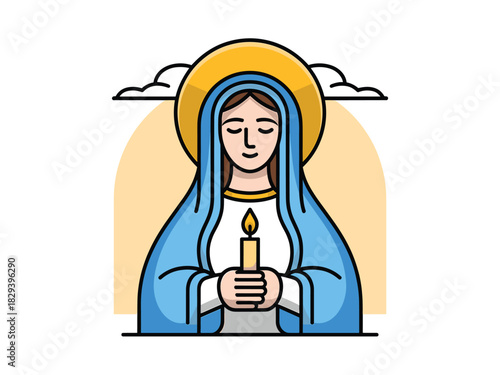 Virgin Mary Illustration Holding a Candle, Vector Religious Art Depicting Faith, Prayer, and Spiritual Devotion with a Modern Artistic Style and Halo