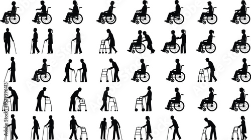 Mobility aid silhouettes, wheelchair, walker, cane, assisted movement, accessibility icons, black vector, healthcare illustration, disability support