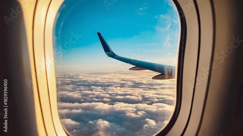 Airplane Wing View Through Window Above Clouds and Blue Sky, Commercial Flight Travel, Vacation, Journey, and Transportation