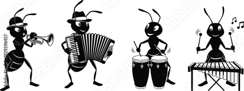Musical ant band, cartoon insects, trumpet, accordion, conga, xylophone, black vector, whimsical illustration, animal music icons